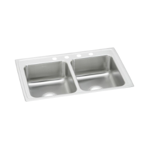 Elkay® LRAD2918653 Lustertone™ Classic Kitchen Sink, Rectangle Shape, 12 in Left, 12 in Right L x 12 in Left, 12 in Right W Bowl x 6-3/8 in Left, 6-3/8 in Right D Bowl, 3 Faucet Holes, 29 in L x 18 in W x 6-1/2 in H, Top Mounting, Stainless Steel