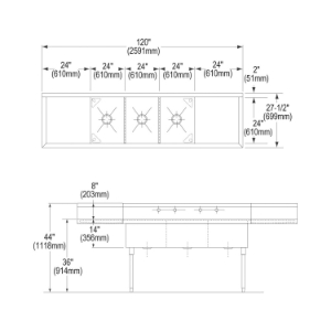 Elkay® SS8372LR3 Scullery Sink, 120 in L x 27-1/2 in W x 44 in H, Floor Mount, 304 Stainless Steel, 3 Bowls, 2, Right/Left Drainboards, 8 in Faucet Hole Spacing, 8 in Backsplash