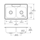 DAYTON® DXR33220 Kitchen Sink, Satin, Rectangle Shape, 14 in Left, 14 in Right L x 15-3/4 in Left, 15-3/4 in Right W Bowl x 8 in Left, 8 in Right D Bowl, 33 in L x 22 in W x 8-3/16 in H, Top Mounting, 304 Stainless Steel