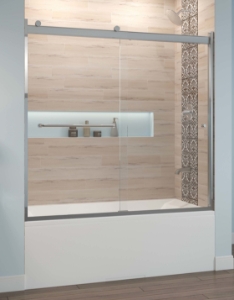 Basco® Rotolo Semi-Frameless Bypass Tub Door 1/4" Thick Glass Clear Glass Brushed Nickel 56-1/16" - 60" Width 57" Height