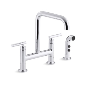 Kohler® 7548-4-CP Purist® Bridge Kitchen Sink Faucet, 1.8 gpm Flow Rate, 8 in Center, High-Arc Spout, Polished Chrome, 2 Handles