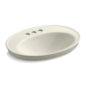 Kohler® 2075-4-96 Serif® Self-Rimming Bathroom Sink with Overflow Drain, Oval Shape, 4 in Faucet Hole Spacing, 22-1/8 in W x 16-1/4 in D x 8-1/4 in H, Drop-In Mount, Vitreous China, Biscuit