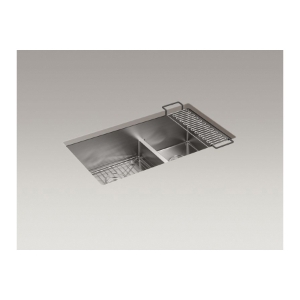 Kohler® 5284-NA Strive™ Kitchen Sink, Rectangular Shape, 17-1/2 in Left, 11-5/8 in Right L x 16-9/16 in Left, 16-9/16 in Right W x 9 in Left, 9 in Right D Bowl, 32 in L x 16-9/16 in W x 9-5/16 in H, Undermount, Stainless Steel