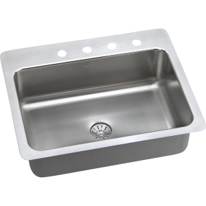 Elkay® LSR2722PD3 Traditional Kitchen Sink, Rectangle Shape, 3 Faucet Holes, 22 in W x 8 in H, Dual Mount, Stainless Steel, Lustertone