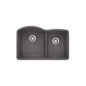 Blanco 441469 DIAMOND™ SILGRANIT® II Kitchen Sink, Cinder, D-Shaped Shape, 16-1/2 in Left, 12-1/2 in Right L x 18-19/32 in Left, 16-13/16 in Right W x 9-1/2 in Left, 8 in Right D Bowl, 32 in L x 20-27/32 in W, Undermount, Solid Granite