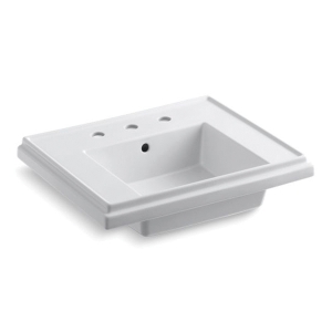 Kohler® 2757-8-0 Tresham® Bathroom Sink Basin with Overflow Drain, Squared Shape, 8 in Faucet Hole Spacing, 24 in W x 19-1/2 in D x 7-5/16 in H, Pedestal Mount, Fireclay, White