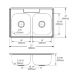 DAYTON® DSE233220 Kitchen Sink, Elite Satin, Rectangle Shape, 14 in Left, 14 in Right L x 15-3/4 in Left, 15-3/4 in Right W Bowl x 7-7/8 in Left, 7-7/8 in Right D Bowl, 33 in L x 22 in W x 8-1/16 in H, Top Mounting, 300 Stainless Steel