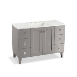 Kohler® 99535-LG-1WT Poplin® Standard Bathroom Vanity Cabinet with Furniture Legs, 34-1/2 in OAH x 48 in OAW x 21-7/8 in OAD, Freestanding Mount, Mohair Grey Cabinet