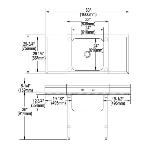 Elkay® RNSF8124LR2 Scullery Sink, 63 in L x 29-3/4 in W x 42-1/4 in H, Floor Mount, 16 ga 304 Stainless Steel, 1 Bowl, 2, Right/Left Drainboards, 8 in Backsplash