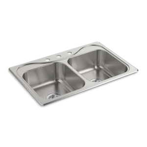 Sterling® 11402-3-NA Kitchen Sink With SilentShield® Technology, Southhaven®, Satin, Rectangle Shape, 14 in Left, 14 in Right L x 15-1/8 in Left, 15-1/8 in Right W, 3 Faucet Holes, 33 in L x 22 in W x 8 in H, Top Mount, 20 ga Stainless Steel