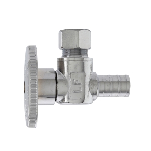 PlumbPak® 2882PCLF High Quality 1/4 Turn Angle Valve, 1/2 x 3/8 in Nominal, Barb PEX x Compression End Style, Solid Brass Body, Polished Chrome