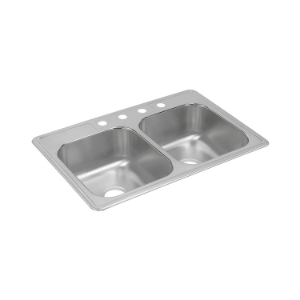 DAYTON® DXR33220 Kitchen Sink, Satin, Rectangle Shape, 14 in Left, 14 in Right L x 15-3/4 in Left, 15-3/4 in Right W Bowl x 8 in Left, 8 in Right D Bowl, 33 in L x 22 in W x 8-3/16 in H, Top Mounting, 304 Stainless Steel