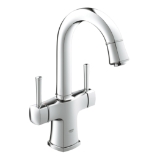 GROHE 2110800A Contemporary Bathroom Basin Mixer, Grandera®, 1.2 gpm Flow Rate, 7-13/16 in H Spout, 2 Handles, Pop-Up Drain, 1 Faucet Hole, StarLight® Polished Chrome, Function: Traditional