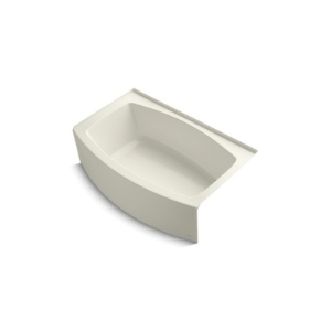 Kohler® 1100-RA-96 Bathtub With Integral Flange, Expanse®, Soaking Hydrotherapy, Curved Shape, 60 in L x 38 in W, Right Drain, Biscuit