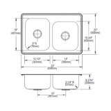 DAYTON® DXR250R0 Kitchen Sink, Satin, Rectangle Shape, 13-1/2 in Left, 14 in Right L x 18 in Left, 15-3/4 in Right W Bowl x 8 in Left, 8 in Right D Bowl, 33 in L x 22 in W x 8-3/16 in H, Top Mounting, 300 Stainless Steel