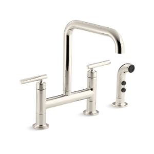 Kohler® 7548-4-SN Purist® Bridge Kitchen Sink Faucet, 1.8 gpm Flow Rate, 8 in Center, High-Arc Spout, Vibrant® Polished Nickel, 2 Handles