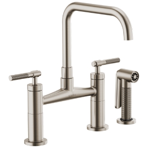 Brizo® 62553LF-SS Litze® Widespread Bridge Kitchen Faucet with Matching Side Spray, 1.8 gpm Flow Rate, 8 in Center, Square Spout, Stainless Steel, 2 Handles