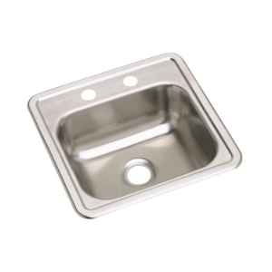 Elkay® D115152 Dayton® Bar Sink, Satin, Squared Shape, 12 in L x 10 in W Bowl x 5 in D Bowl, 2 Faucet Holes, 15 in L x 15 in W x 5-3/16 in H, Top Mounting, Stainless Steel