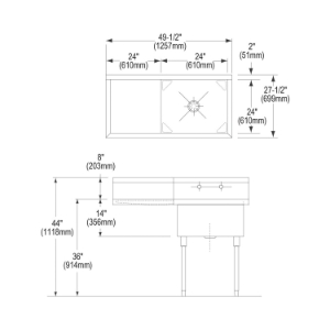 Elkay® WNSF8124L2 Scullery Sink, 49-1/2 in L x 27-1/2 in W x 44 in H, Floor Mount, 14 ga 304 Stainless Steel, 1 Bowl, 1, Left Drainboards, 8 in Backsplash