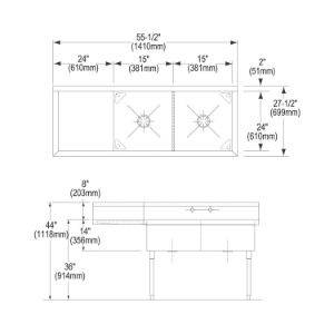 Elkay® WNSF8230L2 Scullery Sink, 55-1/2 in L x 27-1/2 in W x 44 in H, Floor Mount, 304 Stainless Steel, 2 Bowls, 1, Left Drainboards, 8 in Faucet Hole Spacing, 8 in Backsplash