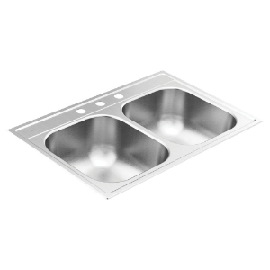 Moen® GS202133Q 2000 Sink, Brushed Satin Stainless, 14 in L x 15-3/4 in W x 8 in D Bowl, 3 Faucet Holes, 33 in L x 22 in W, Drop-In Mount, 20 ga Stainless Steel