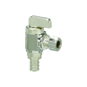 Viega 46002 PureFlow® Multi-Turn Angle Stop Valve, 3/8 x 1/4 in Nominal, Crimp x CTS End Style, 160 psi Pressure, Brass Body, Polished Chrome