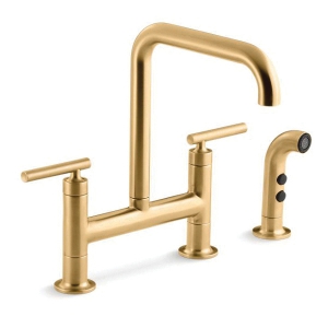 Kohler® 7548-4-2MB K-7548-4 Purist® Bridge Kitchen Sink Faucet, 1.5 gpm Flow Rate, 8 in Center, 360 deg High-Arc Swivel Spout, Vibrant® Brushed Moderne Brass, 2 Handles