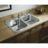 Sterling® 11401-4-NA Self-Rimming Kitchen Sink with SilentShield® Technology, Southhaven®, Satin, Rectangle Shape, 14 in Left, 14 in Right L x 15-1/8 in Left, 15-1/8 in Right W, 4 Faucet Holes, 33 in L x 22 in W x 7 in H, Top Mount, 20 ga Stainless Steel