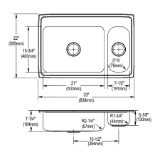 Elkay® PSMR3322R1 Pacemaker Kitchen Sink, Brilliant Satin, Rectangle Shape, 21 in Left, 7-1/2 in Right L x 15-3/4 in Left, 15-3/4 in Right W x 7-1/8 in Left, 5 in Right D Bowl, 1 Faucet Hole, 33 in L x 22 in W x 7-1/4 in H, Top Mount, Stainless Steel